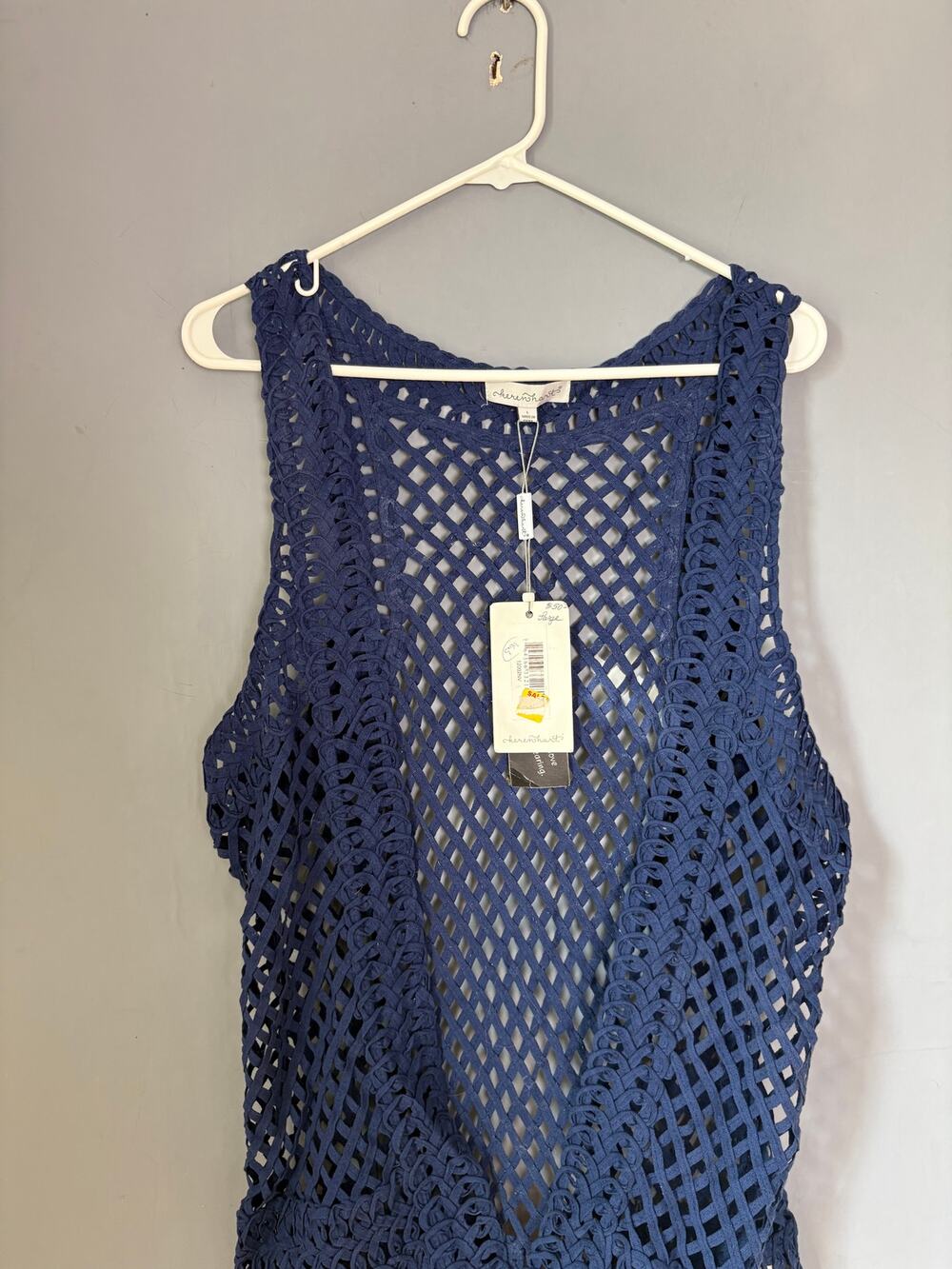 Keren Hart Womens L Blue Crochet Open Knit Cover Up Cardigan